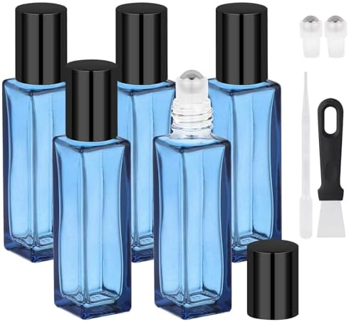 Segbeauty 0.34oz Glass Essential Oil Roller Bottles Refillable, 5Pack of Empty Rollerball Bottles for Oil, 10ml Dark Blue Leakproof Perfume Bottle with Dispensing Tool Set, Anointing Oils Bottle by Segbeauty