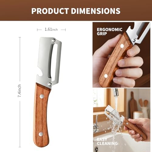 2 Pack Multifunctional Vegetable Peeler,Stainless Steel Peeler with Wooden Handle& Bottle Opener, 2 in 1 Vegetable Peeler for Kitchen, Zero Snag Wooden Kitchen Tool for Potato, Apple)