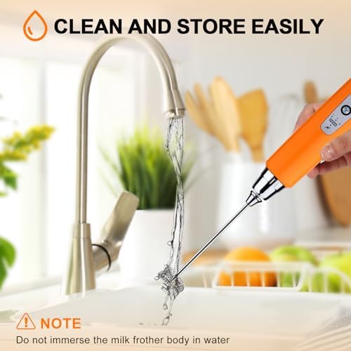 YUSWKO Fluorescence Orange Handheld Milk Frother Wand for Coffee, Rechargeable Electric Whisk with 3 Heads 3 Speeds Drink Mixer Coffee Frother For Latte, Cappuccino, Hot Chocolate, Egg - Image 7