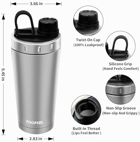 TOOFEEL Protein Shaker Bottle 20 oz - Double Walled Insulated Vacuum Cup for Protein Shakes, Keeps Cold/Hot, Metal Stainless Steel, Preworkout Gym - Image 4