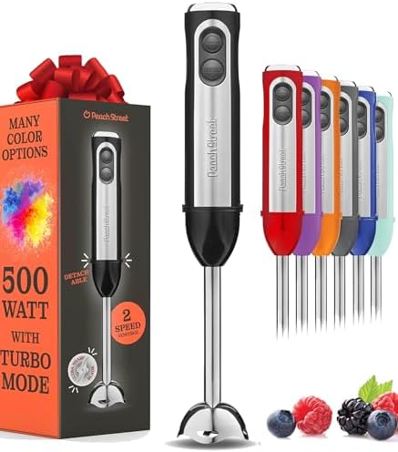 Powerful Immersion Blender, Electric Hand Blender 500 Watt with Turbo Mode, Detachable Base. Handheld Kitchen Gadget Blender Stick for Soup, Smoothie, Puree, Baby Food, 304 Stainless Steel Blades by PeachStreet