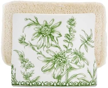 Green Garden Toile De Jouy Ceramic Kitchen Sponge Holder for Countertop Sink, Sponge Caddy, Decorative Dish Sponge and Scrubber Rack
