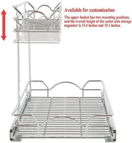 Under Sink Cabinet Organizer Two Tier Pull Out Shelf (11.75W x 17D), Under Sink Sliding Shelf for Kitchen Bathroom Cabinet 2 Tier Chrome