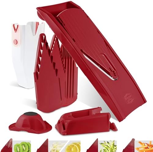 Mandoline Food Slicer Börner V1 (Profi Set) by Reston Lloyd • V-Slicer with 4 Inserts, Docking Station & Food Holder • Made in Germany • Fruit & Vegetable Chopper • Multiple Settings • Color: Red - Image 7