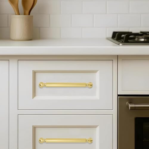 10-Pack Vibrant Brushed Brass Cabinet Pulls Modern Heavy-Duty Solid 3-3/4 Inch(96mm) Hole Center Drawer Pulls Cabinet Hardware Suitable for Kitchen Cabinets Bathrooms