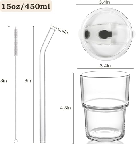 15oz Iced Coffee Cups with Lids Reusable,2Pcs Glass Matcha Cups,Glass Cups with Lids and Straws,Clear Glass Coffee Tumbler for Drinking Water,Tea,Juice