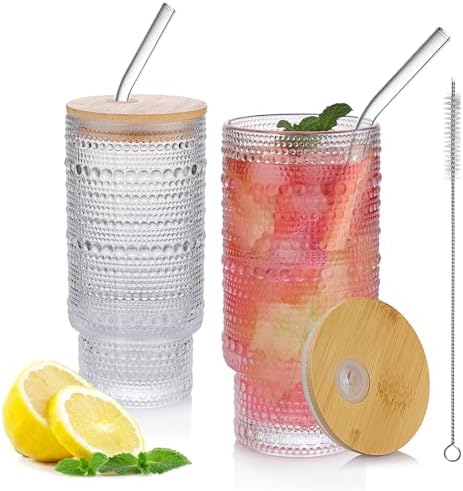 Glass Cups with Lids and Straws, 2 Pack 16 oz Hobnail Iced Coffee Cups with Bamboo Lids, Vintage Borosilicate Glass Tumblers for Water, Juice, Smoothies and Matcha