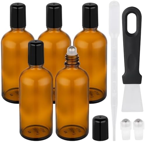Segbeauty 3.4oz Thick Amber Glass Roller Bottles for Oils, 5pcs Empty Roll On Bottles for Perfume Massage Castor Essential Oil, 100ml Refillable Roller Ball Applicator with Stainless Steel Rollball by Segbeauty
