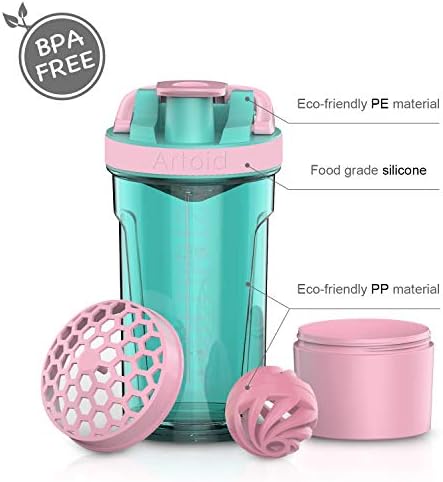 Fitness Workout Sports Protein Shaker Bottle 24-Ounce, Dual Mixing Technology with Shaker Balls & Mixing Grids Included, Twist and Lock Protein Box Storage Included