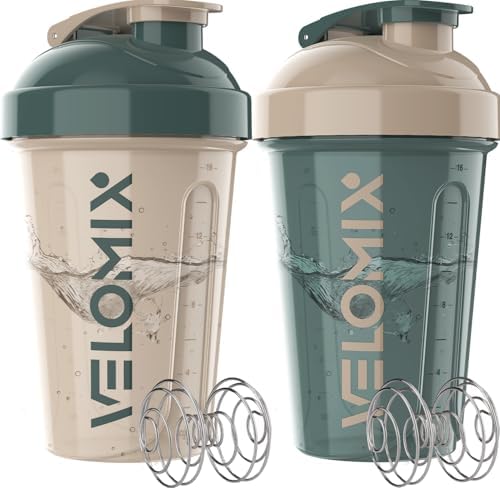 VELOMIX 2 Pack 20oz Protein Shaker Bottle for Protein Mixes, Blue&Beige by VELOMIX
