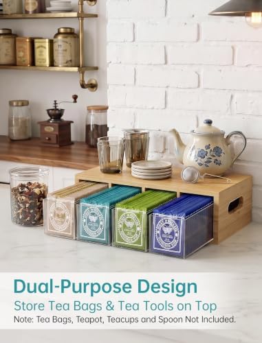 Bamboo Tea Bag Organizer with 4 Clear Acrylic Drawers and Top Tray