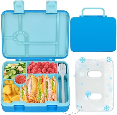 Kids Bento Lunch Box with Ice Pack, 5 Compartments Leak-Proof Bento Box with Utensils, 5.5-Cup Capacity for Adults & Ages 8+, BPA Free, Microwave & Dishwasher Safe, Blue
