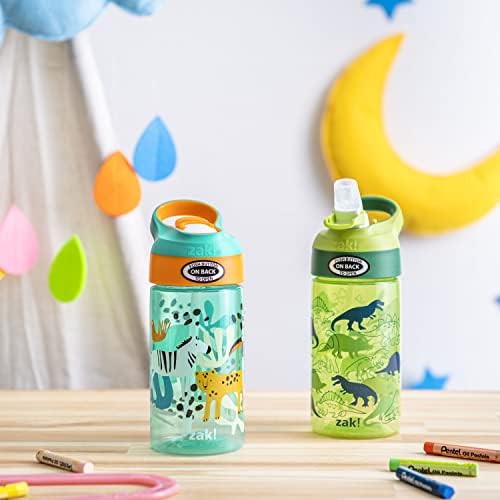 16oz Riverside Kids Water Bottle with Spout Cover and Built-in Carrying Loop, Made of Durable Plastic, Leak-Proof Water Bottle Design for Travel (Dino Camo & Safari, Pack of 2)