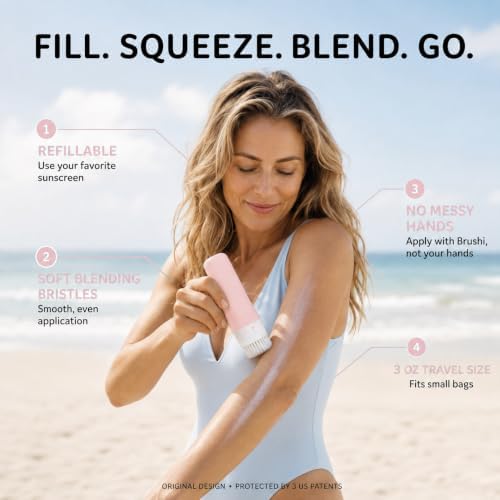 Brushi® Patented Sunscreen Applicator – Refillable Squeezable Bottle with Soft Blending Brush, Mess-Free Sunscreen Applicator for Face & Body, Adults & Kids, Travel Size 3 oz (Go Pink) - Image 3