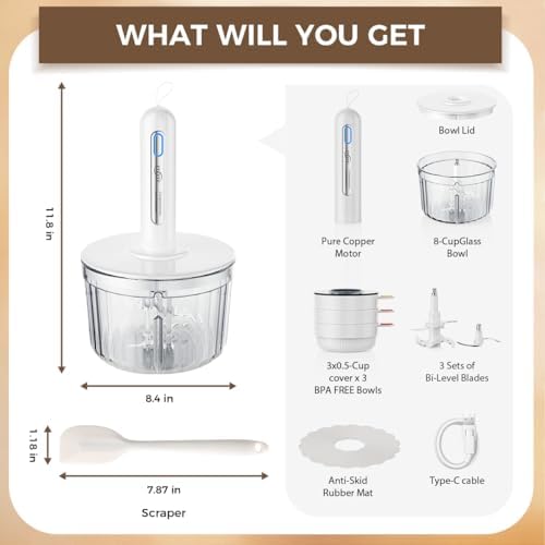 Glass Food Processor with 4 Blades & 4 Bowls (8 Cup + 3x0.5 Cup), Small Food Processor& Meat Grinder - Compact Design for Meal Prep, Baby Food, Sauces - Dishwasher Safe - Image 2