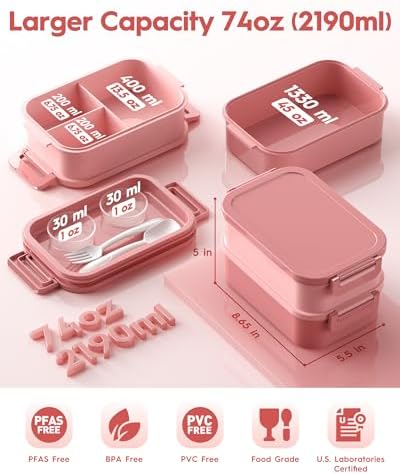 Adults Bento Box with Thermo Bag, 74oz Capacity 3 Stackable, Pink