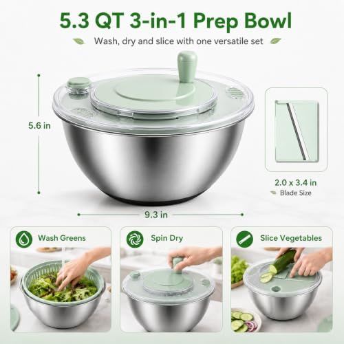 Stainless Steel Salad Spinner, 4.25Qt Lettuce Spinner with 5 Blade Slicer