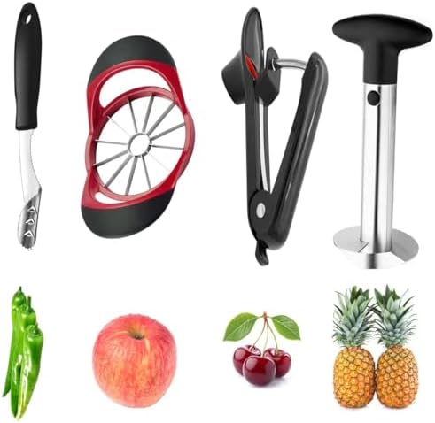 Apple Slicer Corer with 12 Blades, Cherry & Olive Pitter, Pineapple Corer Peeler Slicer Cutter and Jalapeno Pepper Core Remover, 4-piece Set Bundle Kitchen Gadget Tools