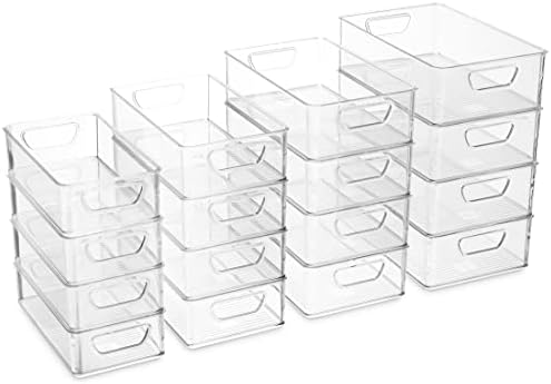 Set Of 16 Refrigerator Organizer Bins - Plastic Pantry Organization and Storage Baskets - Stackable Food Fridge Organizers with Cutout Handles for Freezer, Kitchen, Countertops, Cabinets