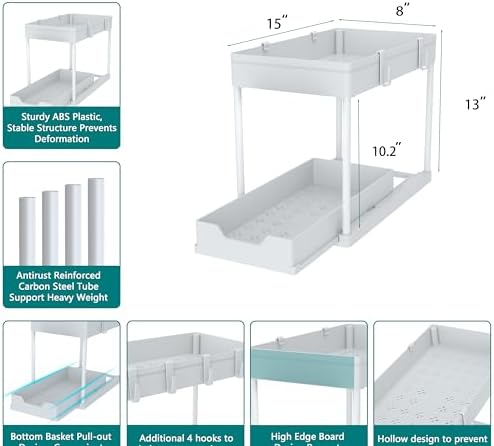 Cabinet, 2 Pack Under Sink Organizer, 2 Tier Sliding Bathroom Kitchen Organizer, Large White ABS Baskets, Easy Install & Clean