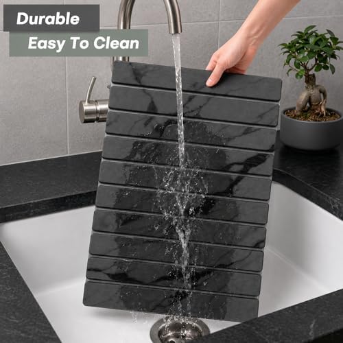 Large Stone Dish Drying Mat for Kitchen Counter, Quick Dry Stone Dish/Bath Mat, Foldable Water Absorbing Diatomaceous Earth Mat, Kitchen Bathroom Organizer Decor Gifts for Women (Dark Gray 24"×16")
