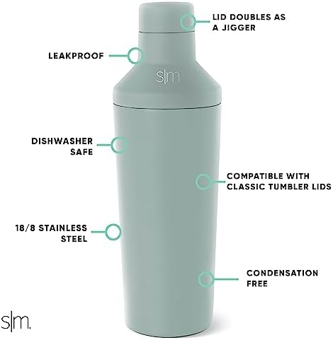 Simple Modern Cocktail Shaker Set with Jigger Lid | Stainless Steel Boston Shaker Insulated Martini Mixer for Mocktails | Gifts for Men Women Him Her | Classic Collection | 20oz | Sea Glass Sage