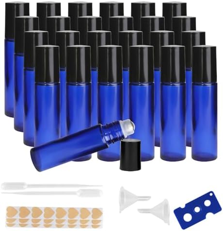 10ml Glass Essential Oil Roller Bottle, 24PCS Blue Essential Oil Roller Bottles with Stainless Steel Rollers - Refillable, Leak-Proof Design, Suitable for Travel and DIY Skincare Products. by Unknown