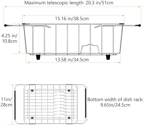 Stainless Steel Dish Drying Rack (15" L X 11" W X 4.1" H), Expandable Fruit & Vegetable Drain Rack Over Sink, Dish Drainer Rack in Sink, with Utensil Holder & Silicone Mat (16")