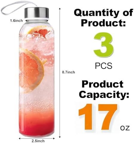 Glass Water Bottles with Lid, Clear, 17oz, 3 Packs - Image 2