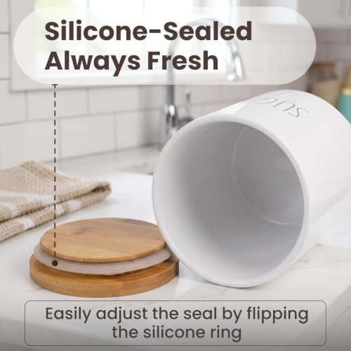 Sugar Ceramic Storage 4 Cup / 1080mL Container w/Bamboo Lid Silicone Seal & Spoon, Modern Abstract Art Design for Flour Coffee Spice Airtight Storage on Kitchen Counter Bathroom Organizer