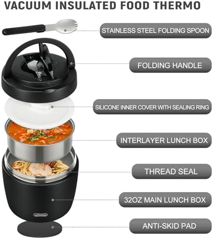 Thermo Food Jar for Hot Food 32OZ Soup Thermo Lunch Containers Wide Mouth Vacuum Insulated Stainless Steel Leakproof Bento Box with Spoon (Black)