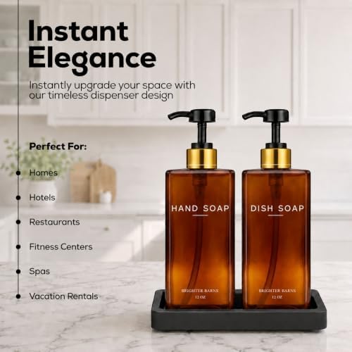 Amber Glass Hand and Dish Soap Dispenser Set - 12oz Kitchen Soap Dispenser Set with Tray and Pump for Kitchen Sink - Organic Modern Home Decor for Restaurants, Hotel, Gifts (Amber)