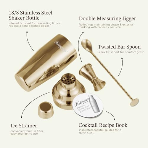 Cocktail Shaker Set, Stainless Steel Bartending Kit with 25 Ounce Cocktail Shaker with Built in Drink Strainer, Measuring Jigger, Mixing Spoon & Drink Recipe Guide, Gold