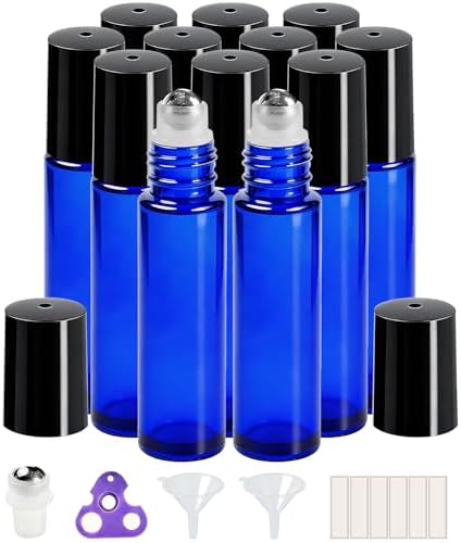 PrettyCare Roller Bottles 10ml (12 Pack Blue Glass, Black Cap, 24 Labels, 2 Extra roller balls, Opener, 2 Funnels) for essential oils, Roll on Bottles by PrettyCare