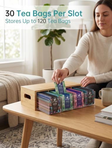 Bamboo Tea Bag Organizer with 4 Clear Acrylic Drawers and Top Tray