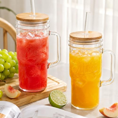 Glass Cups With Lids And Straws, Leakproof Tumbler 24oz Mason Jar Coffee Cup, Cap Cup Leak-Proof with Straw, Reusable Iced Coffee Smoothie Matcha Cup Aesthetic Coffee Gifts Women 2pc