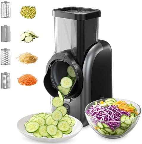 Electric Vegetable Slicer and Cheese Grater, Multifunctional Rotary Cutter with 4 Stainless Steel Blades for Potatoes Carrots Cucumbers Fruits Salad etc.