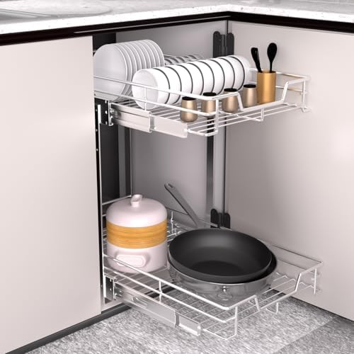 Pull Out Cabinet Organizer 7.5" W x 21" D, 2-Tier Kitchen Cabinet Pullout Shelf and Drawer Organizer Slide Out Pantry Storage Basket, 6.2" W x 21" D x 2.4" H for Bottom Basket Size