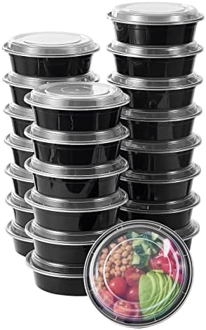 24 oz 50 ct Round Meal Prep Food Storage Containers with Lids To Go Plastic Lunch Plan Box Disposable Take Out Bowls Black BPA Free Reusable Durable Stackable Microwave Freezer Dishwasher Safe