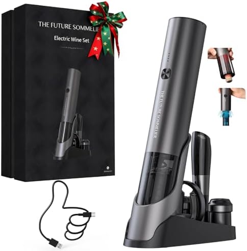 Rechargeable Electric Wine Bottle Opener Set 7-in-1 Aluminum Alloy Wine Gift Set with 2-in-1 Electric Corkscrew & Vacuum Pump, Foil Cutter, Wine Pourer, Charging Base and 2 Wine Stoppers