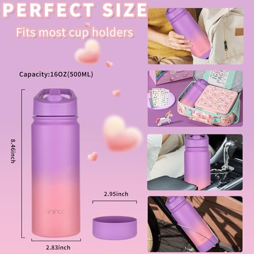Kids Water Bottle for School, 16oz Stainless Steel Insulated Water Bottle Kids with Straw Lid for Girls, Boys (Purple/Pink)
