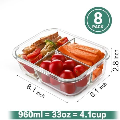 8 Pack 3 Compartment 36oz Large Glass Meal Prep Containers with Lids