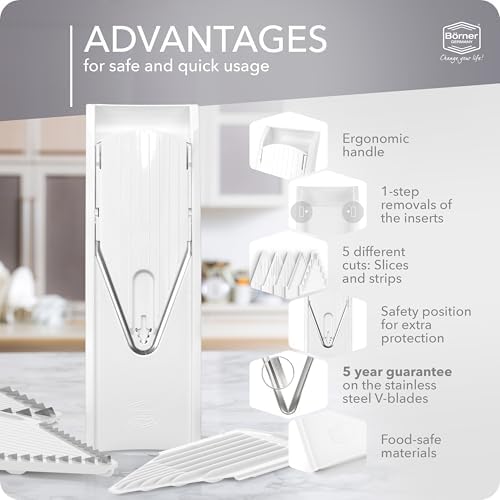 Börner by Reston Lloyd Mandoline Slicer V1 (Starter Set) • V-Slicer with 5 Thickness Settings & Food Holder • Adjustable Kitchen Slicer for Vegetables & Fruits • Color: White - Image 4