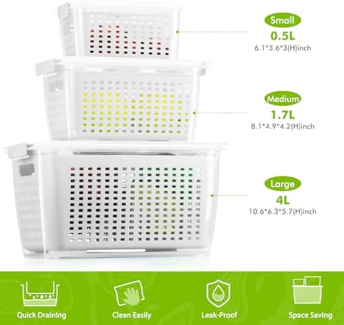 Produce containers for fridge,3 Set Fruit Containers with Removable Colander, BPA-Free Produce Saver Containers with Lids Dishwasher&Microwave Safe Keep Fruits, Vegetables, Berry, Fresh Longer