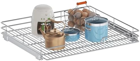 Pull Out Cabinet Organizer, 27" W x 21.5" D, Heavy Duty Chrome Slide Out Shelf for Wide Base Cabinets, Sliding Wire Basket Drawer for Pots, Pans, Appliances & Pantry Storage