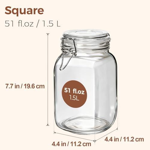 Square Glass Jars with Airtight Lids 51 oz 3 Pack Wide Mouth