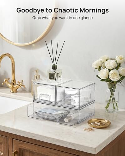 Clear Stackable Storage Drawers Set of 5, Plastic Organizer Bins