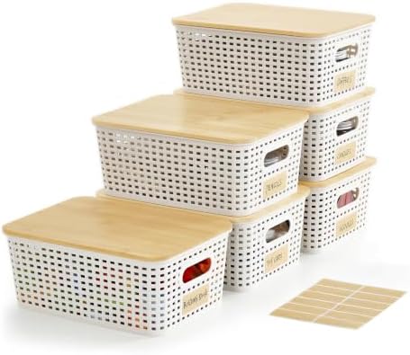Small Plastic Storage Bins with Bamboo Lids 5.2qt Stackable Box Basket Pantry Decorative Containers Cute with Labels for Organizing Desktop Closet Office Cream White of 6 packs 10*7.2*4.1"