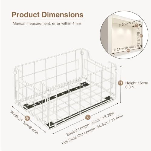 Pull Out Cabinet Sliding Basket Organizer, No Drill, White-2 Pack