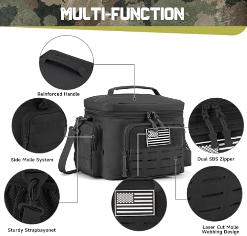 Tactical Lunch Bag for Mens Military Heavy Duty Lunch Box Work Leakproof Insulated Durable Thermal Cooler Bag for Adult Meal for Office Camping Picnic Pail MOLLE Webbing Black